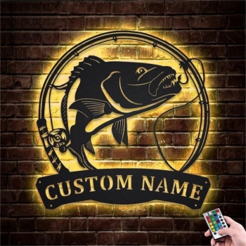 Custom Trout Fishing Fish Pole Metal Sign With LED Lights, Trout